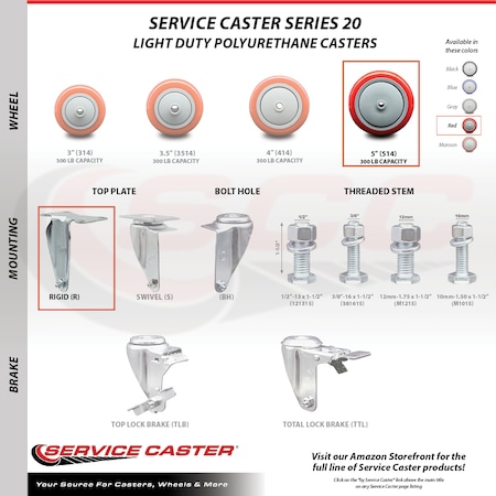 Service Caster Cambro Ultra Pan Carrier Caster with Brakes and 2 Rigid Replacement Set - SCC CAM-SCC-TTL20S514-PPUB-RED-2-R-2
